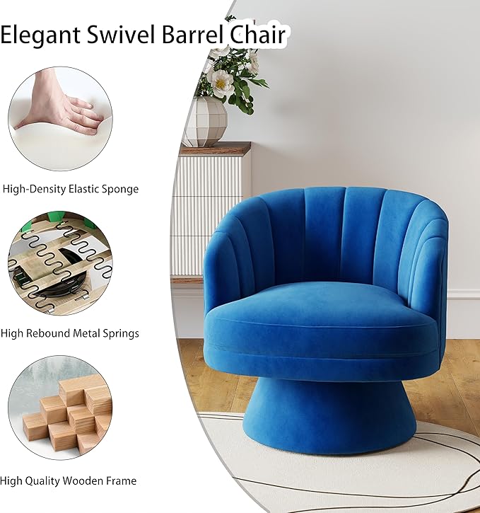 Swivel Accent Chair,Upholstered Velvet 360° Swivel Barrel Chair for Living Room Overstuffed Bouncle Reading Chair Round Armchair for Bedroom,Vanity,Office (Navy)