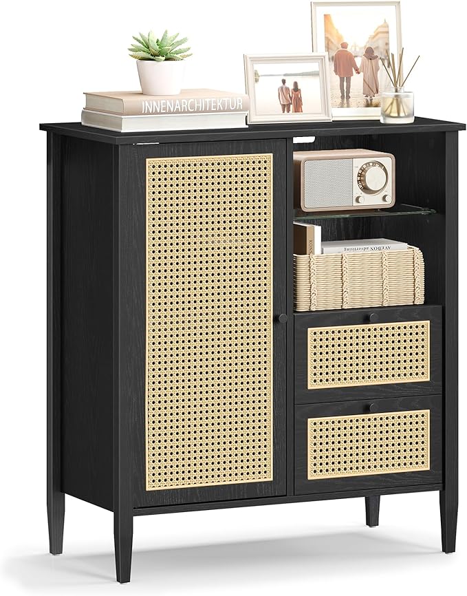 VASAGLE Boho Buffet Cabinet, Synthetic Rattan Sideboard with Drawers, Storage Cabinet with Adjustable Shelves, Ink Black UBBK242B01