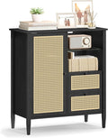 VASAGLE Boho Buffet Cabinet, Synthetic Rattan Sideboard with Drawers, Storage Cabinet with Adjustable Shelves, Ink Black UBBK242B01