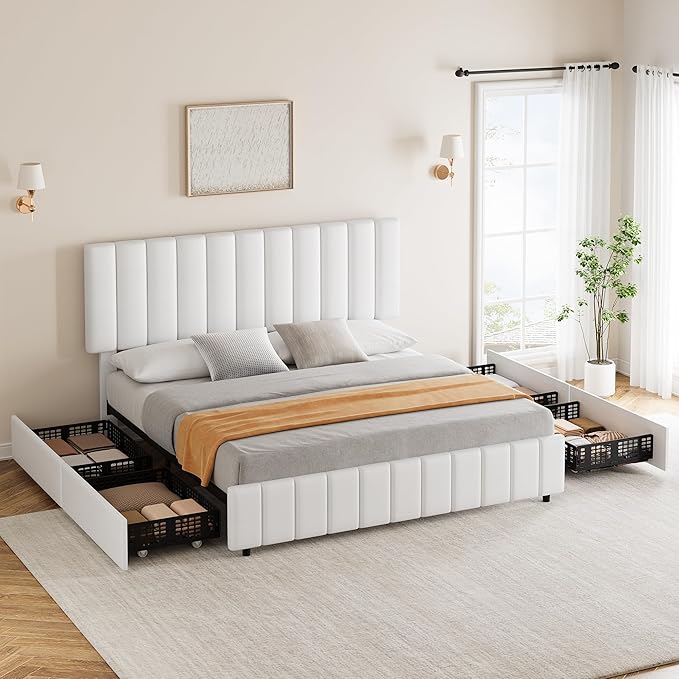 Garvee Queen Size Bed Frame with 4 Storage Drawers, Adjustable Height Headboard, Linen Upholstered Platform Bed Frame, No Box Spring Needed, Easy Assembly, White