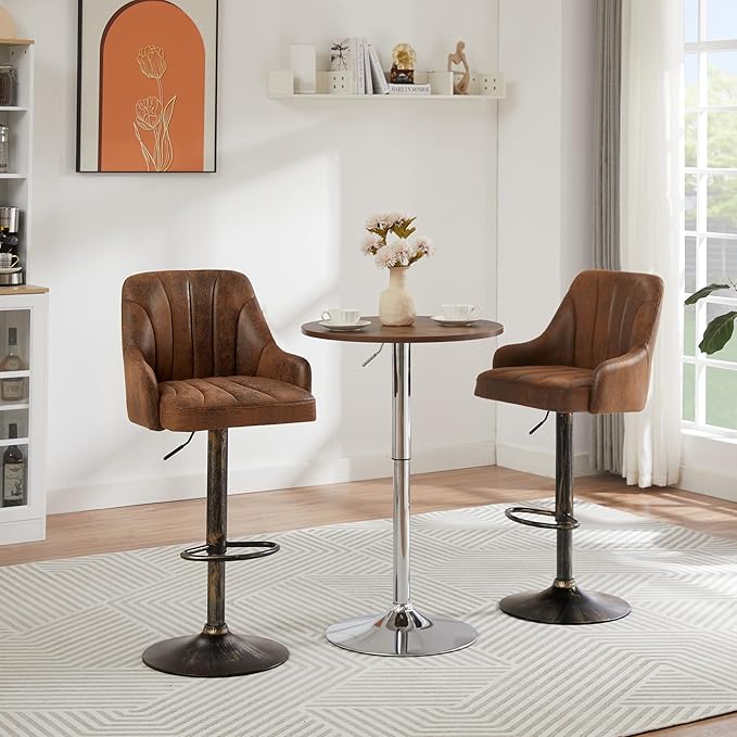 VECELO Bar Stools Set of 4, Adjustable Barstools, Counter Height Stools with Back and Arm, Kitchen Island Stools, Swivel PU Chairs for Pub, Dining Room, Industrial Style, Brown