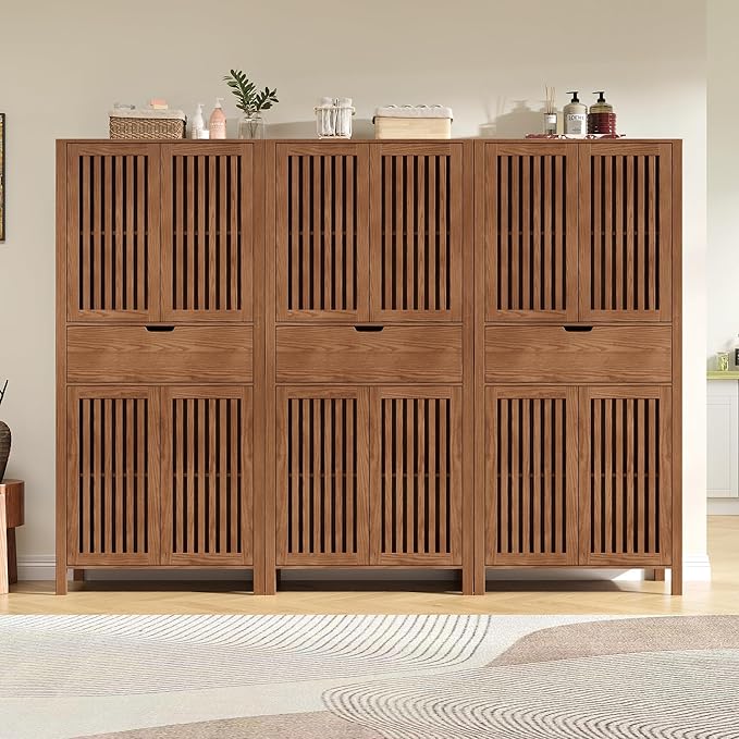 Set of 3 Rustic Brown 69" Tall Farmhouse Storage Cabinet with Drawer & Adjustable Shelves, Grille Door Organizer Unit, Anti-Tip Design for Bathroom,Kitchen,Living Room