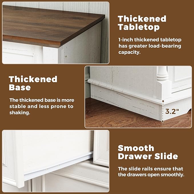 Farmhouse 7 Drawer Dresser for Bedroom, 52" Wide Rustic Chest of Drawers with Retro Handle, White Dresser with Natural Texture, Wood Vintage TV Stand for Living Room, Hallway, Antique White