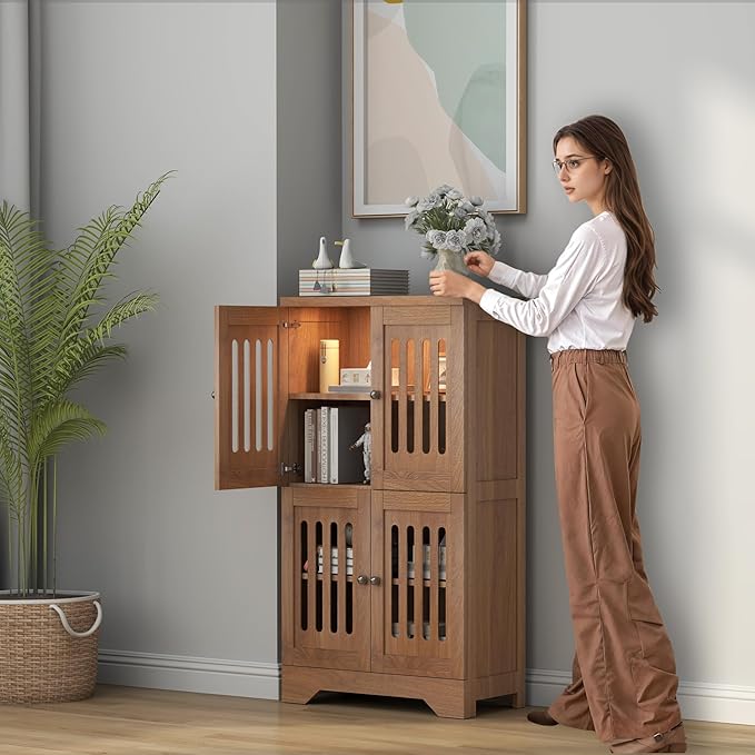 PARTPHONER Bathroom Floor Storage Cabinet with Cabinet Lights, Modern Storage Cabinet with 4 Doors and Adjustable Shelves, Buffer Hinges, Walnut Pantry Cabinet for Living Room & Kitchen