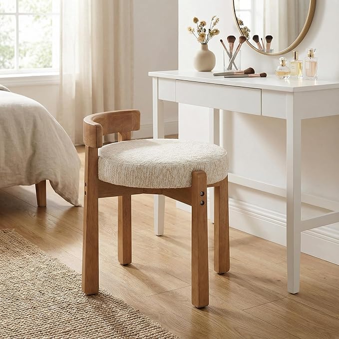 HNY Modern Chenille Vanity Chairs & Ottoman: Upholstered Round Seat with Solid Wood Legs, for Makeup Dressing, Living Room Footrest or Piano Bench, Beige