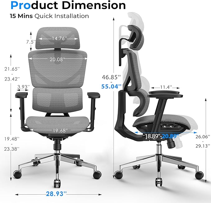 Ergonomic Office Chair - Big & Tall 6'6" Mesh Chair with Dynamic Lumbar Support, 4-in-1 Quick Adjust, 350lbs Capacity - BIFMA Certified Computer Chair for Home Office