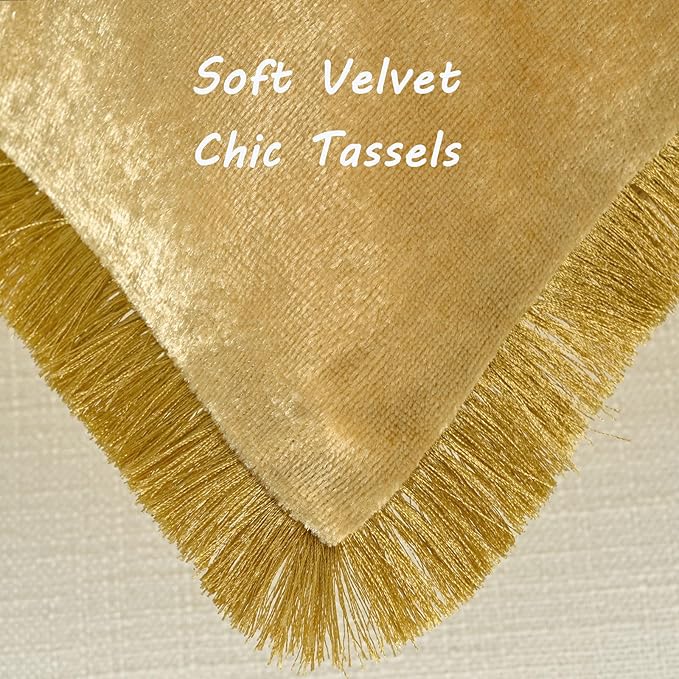 FUTEI Christmas Gold Velvet Decorative Throw Pillow Covers 16x16 Set of 2,Soft Cozy Edge with Tassels Cushion Case,Boho Modern Home Decor for Couch Bed Living Room