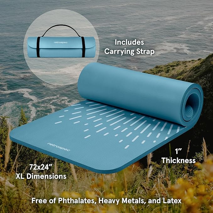 Retrospec Solana Yoga Mat 1" Thick With Nylon Strap For Men & Women - Non Slip Exercise Mat For Home Yoga, Pilates, Stretching, Floor & Fitness Workouts