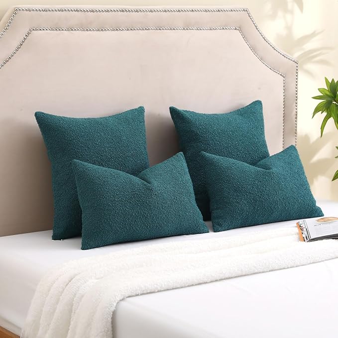FUTEI Pack of 2 Teal Green Decorative Throw Pillow Covers 16x16 Inch Soft Cozy Solid Boucle Textured Cushion Case,Modern Home Decor for Couch Bed Living Room