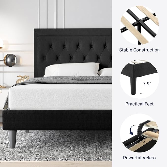 Allewie Full Size Upholstered Platform Bed Frame with Adjustable Headboard, Button Tufted, Wood Slat Support, Easy Assembly, Black