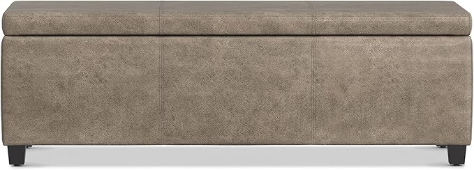 SIMPLIHOME Avalon Storage Ottoman Bench - 48 inch Wide Upholstered Vegan Leather Rectangular Lift-Top Ottoman in Distressed Smoky Grey Brown, Transitional Bench for Living Room with High-Density Foam