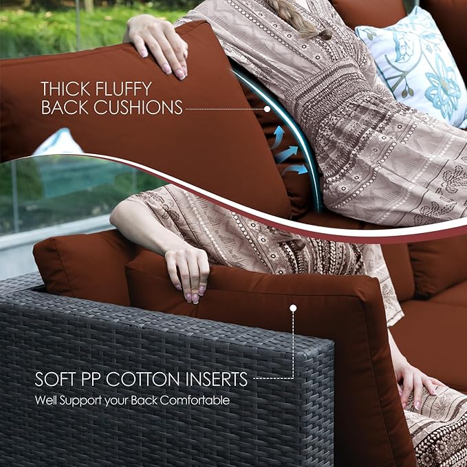 NICESOUL 8 Piece Modern Patio Couch Set, 29.3'' High Back Oversized Wicker Outdoor Sectional Furniture with Ottoman, Wide Seating Comfy Conversations for Backyard Deck, 2 Color Cushion Wine & Gray