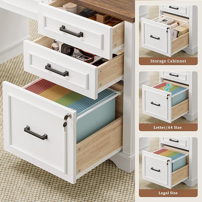 60'' Farmhouse Executive Desk with Drawers, Home Office Desk with Power Outlet & LED Light, Wood Computer Desk with Monitor Stand, Locking File Drawer, Glass Storage Cabinet, Hooks, White