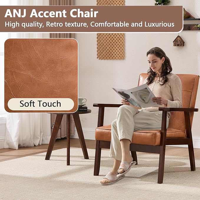 ANJ Mid Century Modern Accent Chair for Living Room, Tufted Faux Leather Armchair, Comfy Retro Bedroom Side Chair with Dark Wood Frame, Orange Brown