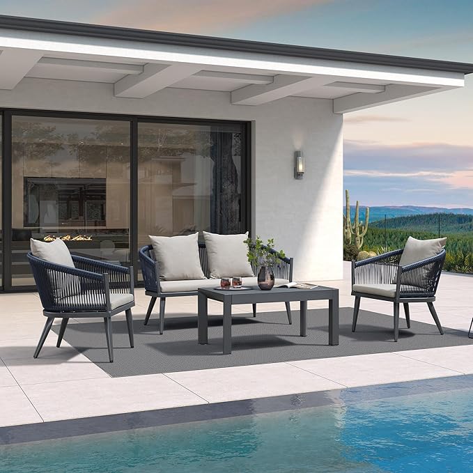 PURPLE LEAF 4 Pieces Patio Conversation Set Outdoor Wicker Furniture with Aluminum Table and Rattan Chairs Sofa Cushions Included for Porch Backyard Garden Balcony Gray