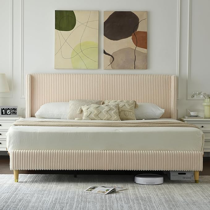 PINJU King Size Bed Frame, Upholstered Platform Bed with Modern Vertical Striped Wingback Headboard with Wooden Slats, Easy to Assemble No Noise Free (Beige, King (U.S. Standard))