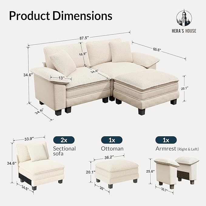 HERA'S HOUSE Modular Sectional Sofa, 88" L Shaped Cloud Couch with Ottoman and Throw Pillow, Mixed Fabric Sleek Couches for Living Room, Beige