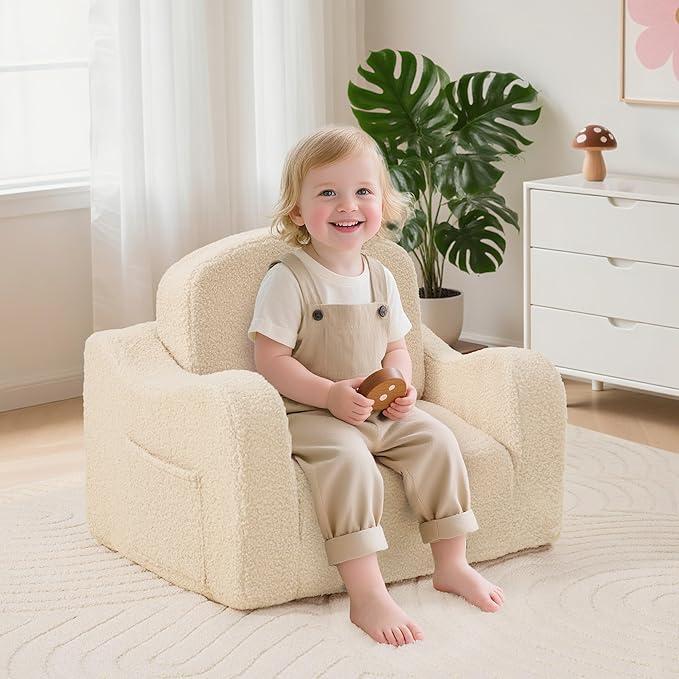 Comfy Toddler Chair & Kids, 2-in-1 Soft Couch Fold Out for Kids, Toddler Chairs Comfy 1-3 Years Old, Convertible Plush Sofa to Lounger for Girls and Boys, Beige