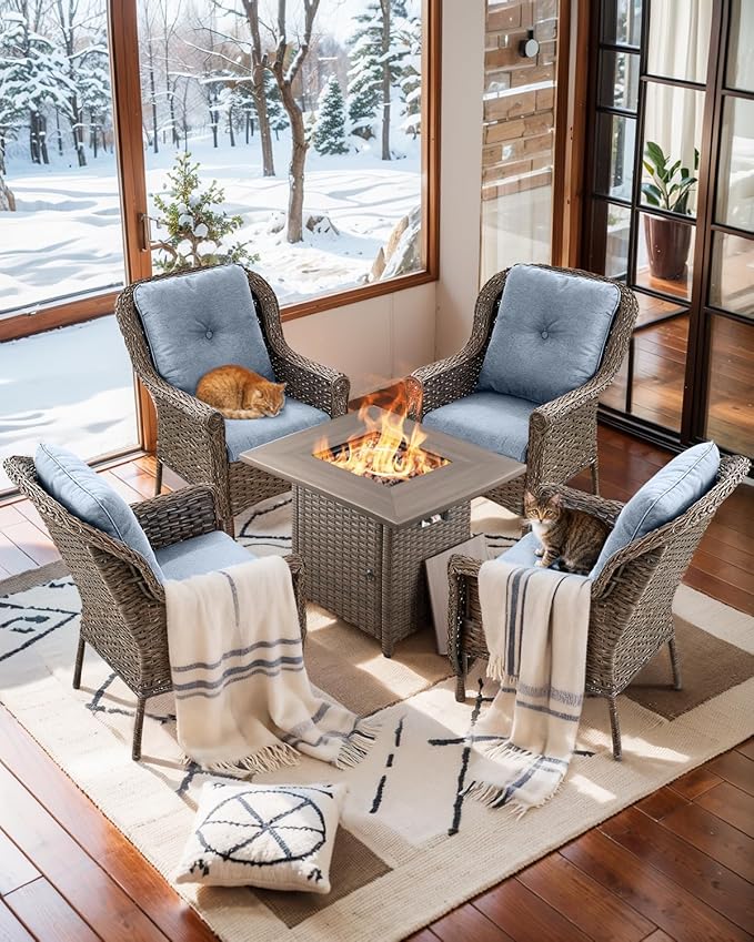 Patio Wicker Chairs Outdoor Furniture Chair - Set of 4 Outside All Weather Lawn Dining Brown Rattan Armchair with High Back&Deep Seating for Deck Porch Balcony Backyard Garden - Baby Blue