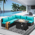 NICESOUL 6 Piece L Shaped Patio Furniture Set with Fire Pit Natural Gas/Propane, 29.3'' High Back Comfy Outdoor Conversations for Outside, Big Size Deep Wide Couches, 2 Color Cushion Turquoise & Grey