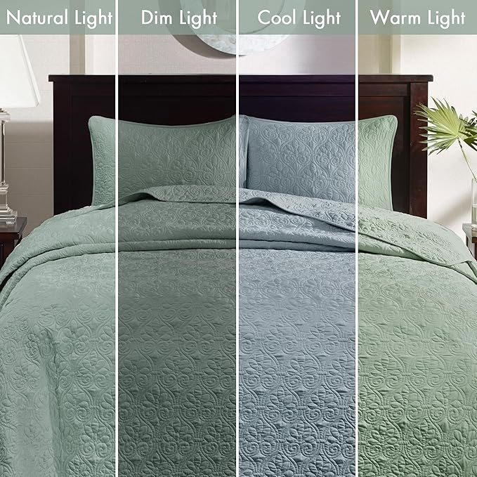 Madison Park Quebec Reversible Quilt Set Damask Design, Double Sided Stitching All Season, Lightweight Bedspread Bedding Set, Matching Sham, Seafoam, Full(96"x110") 3 Piece