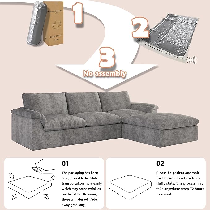 EASE MOOSE Oversized Boneless Couch for Living Room, Sectional Cloud Sofa, Modular Cloud Couch Loveseat, 2-Seater Deep Seat Sofas with Pillow for Bedroom, Apartment, No Assembly, Chenille (Grey)