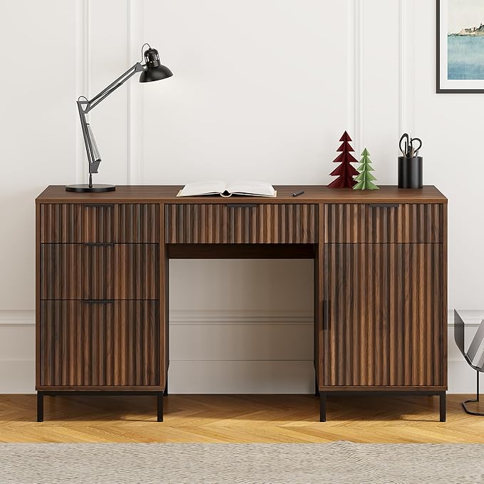 Modern Fluted Executive Desk with File Drawer, 55" Large Computer Desk with Storage and Charging Station, Wooden Home Office Desk for Workspace, Writing, Study, Brown