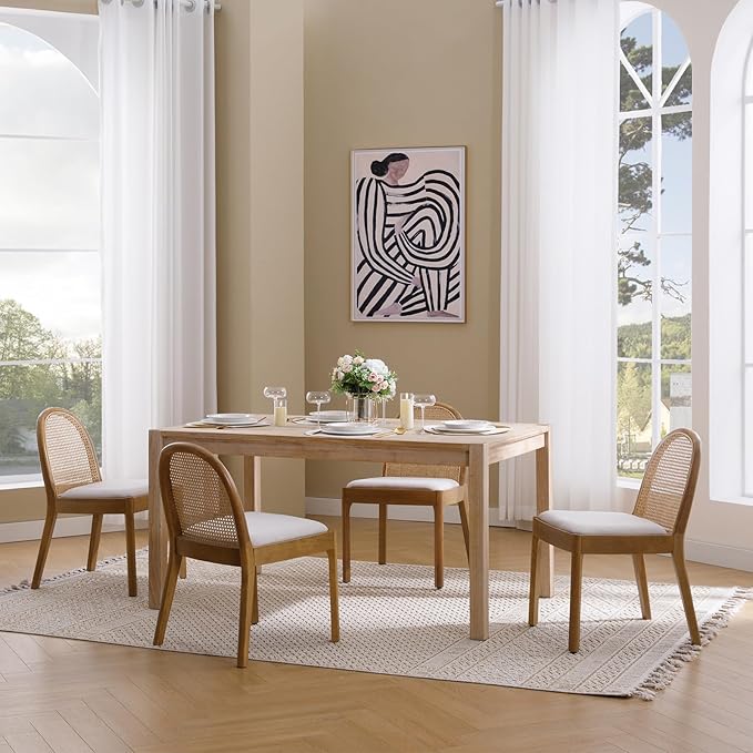 Rattan Dining Chairs Set of 6, Modern Dining Room Chairs with Cane Back Comfy Accent Sherpa Upholstered Boucle for Kitchen/Restaurant/Living Room, White