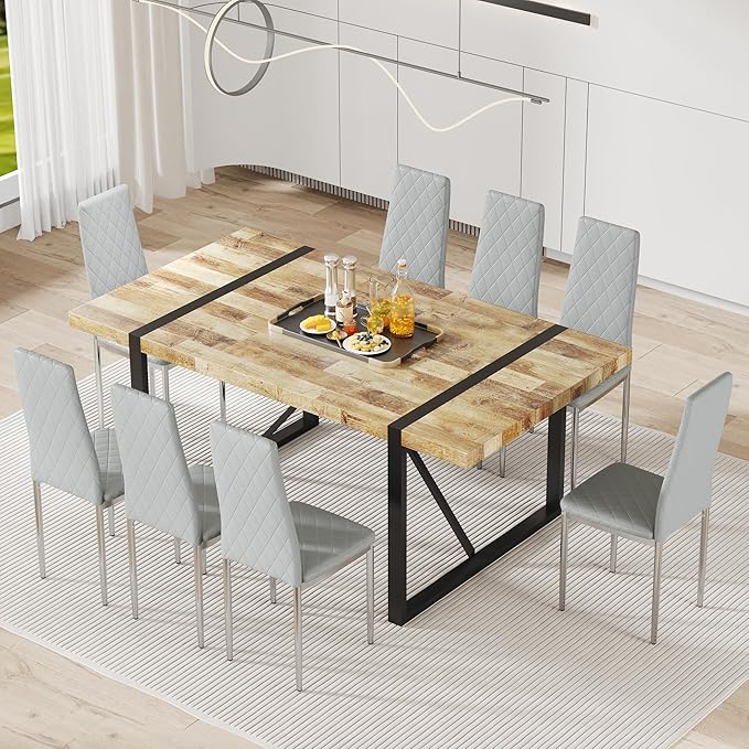 JT Modern Minimalist Dining Chair Fireproof Leather Sprayed Metal Pipe Diamond Grid Pattern Restaurant Home Conference Chair Set of 4 Or 6 (8, Grey)