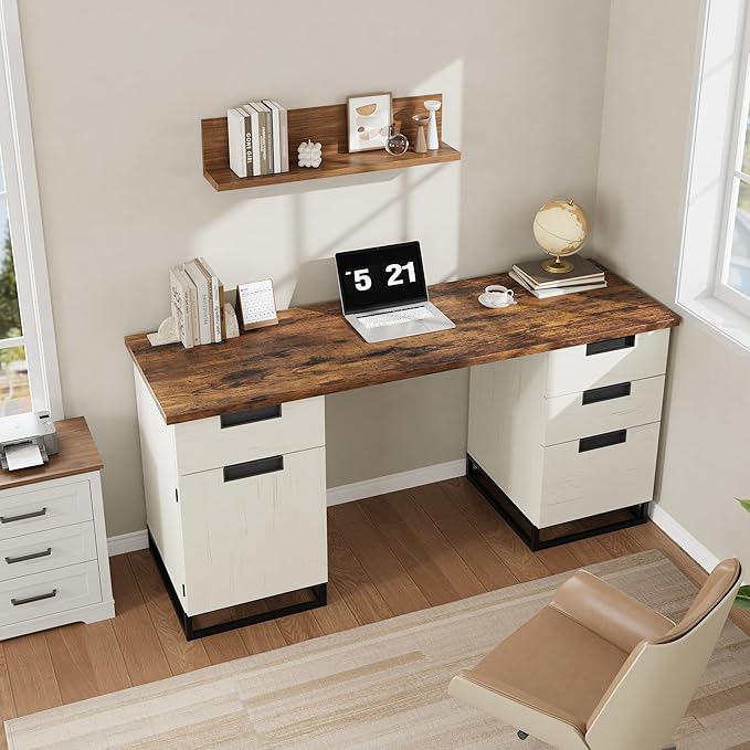 GAOMON Farmhouse Executive Desk, 59 Inch Computer Desk, White Home Office Desks with File Drawer and Storage Cabinet, Wood Writing Desks for Bedroom, Home Office, White+Vintage