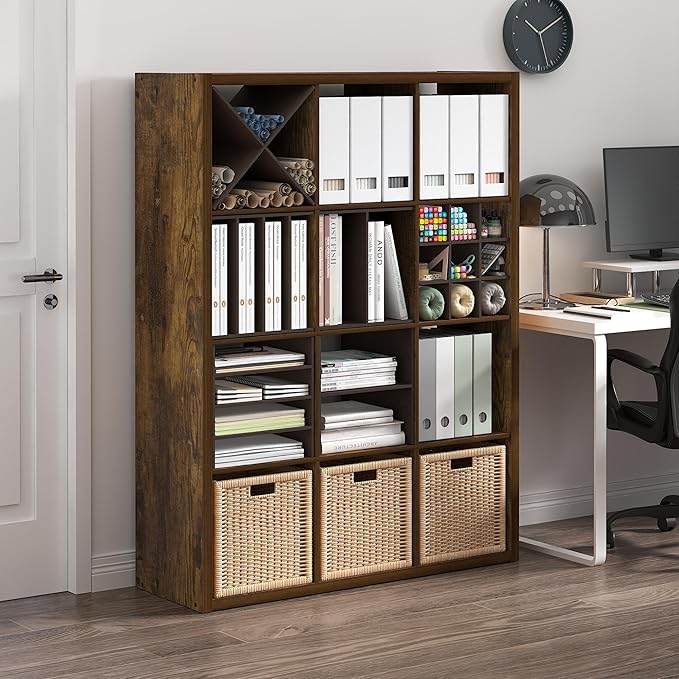 Furinno Cubicle Book Shelf, 12-Cube Thick Frame Bookshelf, Reversible Bookcase with Open Back, 14.6 x 43.8 x 58, for Living Room, Bedroom, Home Office, Amber Pine