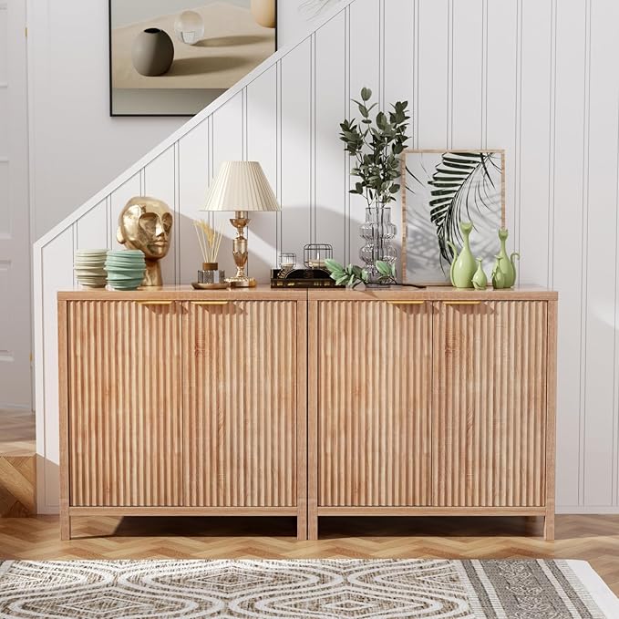 Sideboard Buffet Cabinet Set of 3, 31" Storage Cabinet with 2 Doors and Adjustable Shelves, Sideboard Console for Dinning Room, Kitchen and Living Room - Oak