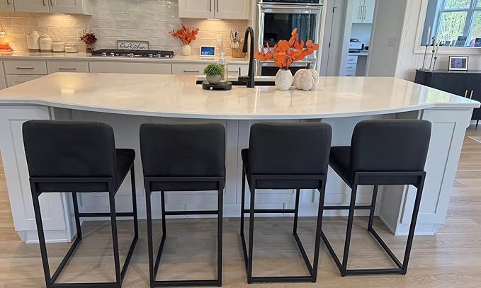 ALPHA HOME 24 Inch Bar Stools, Kitchen Counter Stools with Backs, Black Bar Stools Set of 4, PU Leather Barstools, Kitchen Stools with Back&Upholstered Footrest, Sturdy Chromed Metal Steel Frame