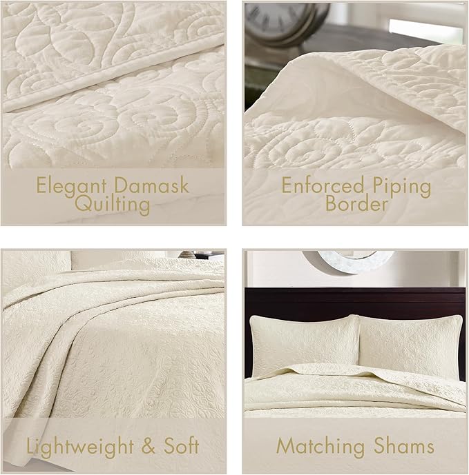 Madison Park Quebec Queen Size Quilt Bedding Set - Ivory , Damask – 3 Piece Bedding Quilt Coverlets – Ultra Soft Microfiber Bed Quilts Quilted Coverlet