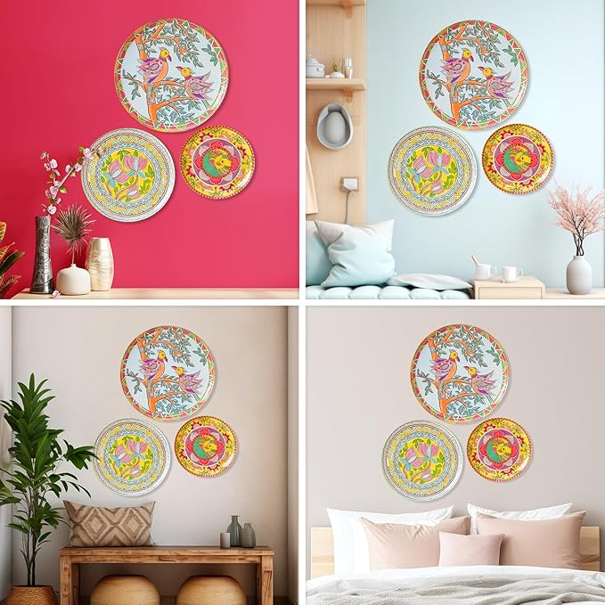RITUALISTIC Madhubani Decorative Wall Sculpture for Home Decoration | Art Décor for Living Room | Metal Artwork | Unisex Gift Collection & Christmas gifts | Wall Plate Set of 3 Plates