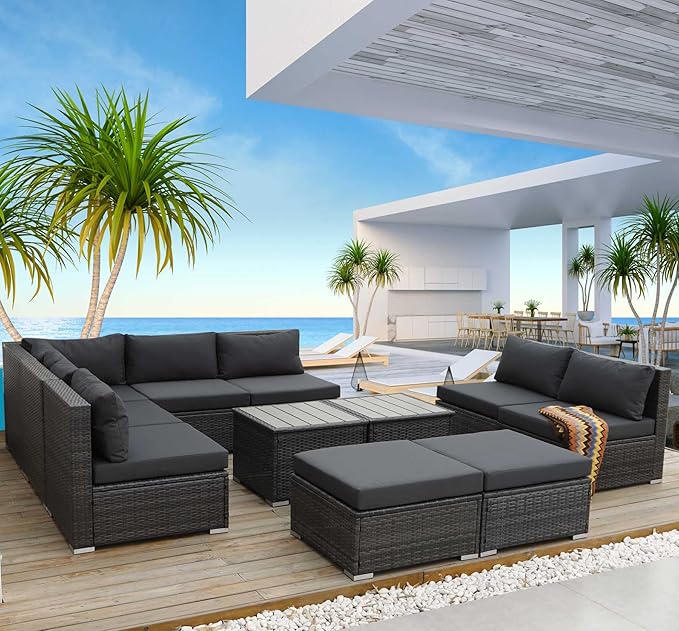 NICESOUL 11 Piece Extra Large Outdoor Furniture Sofa Set, Deep Wide PE Wicker Patio Modular Sectional with Side Tables, 29.3'' High Back Modern Luxury All-Weather Rattan Conversation for Outside, Gray