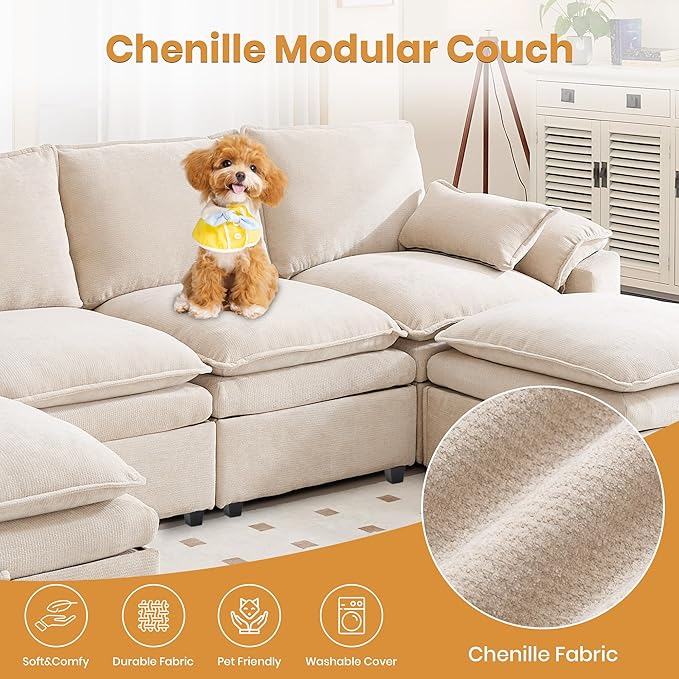 130" U Shaped Modular Sectional Sofa, Couch with Ottoman Storage, Chenille Cloud Couch with Plush Deep Seating for Living Room, Bedroom (9 Seat, Beige)