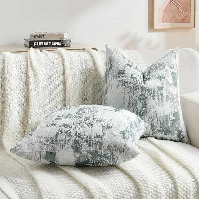 FUTEI Teal White Decorative Throw Pillow Covers 24x24 Inch Set of 2,Soft Faux Cashmere Jacquard - Textured & Cozy Euro Pillow Shams,Modern Home Decor for Couch Bed Living Room