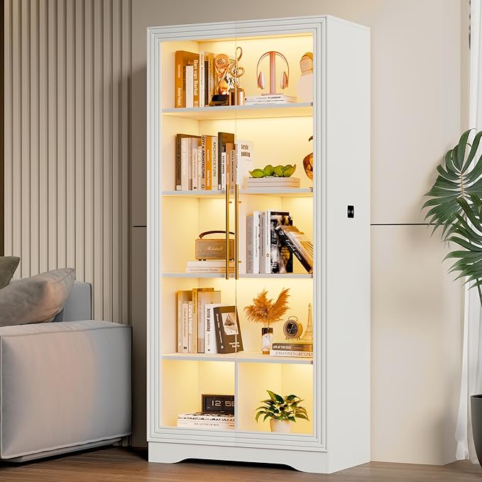 Vlsrka 65" File Cabinet, Filing Cabinets Fit Letter/A4 Size, Storage Cabinet with Doors & Lights, Tall File Bookcase with 2 Adjustable Shelves for Home Office, Living Room, White