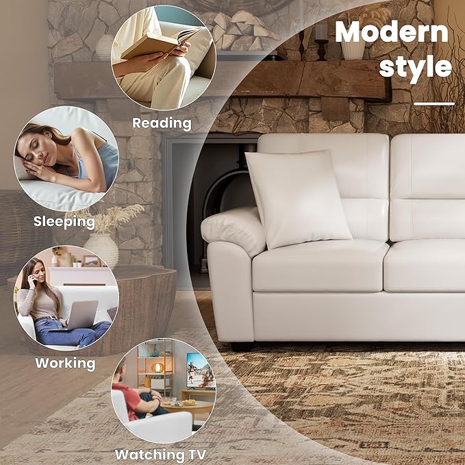 Morden Fort Faux Leather Loveseat, Modern Luxury Furniture with Removable and Easy to Clean Cushions, Skin-Friendly Wide Arm Leather Loveseat for Living Room Apartment Office Lounge, White