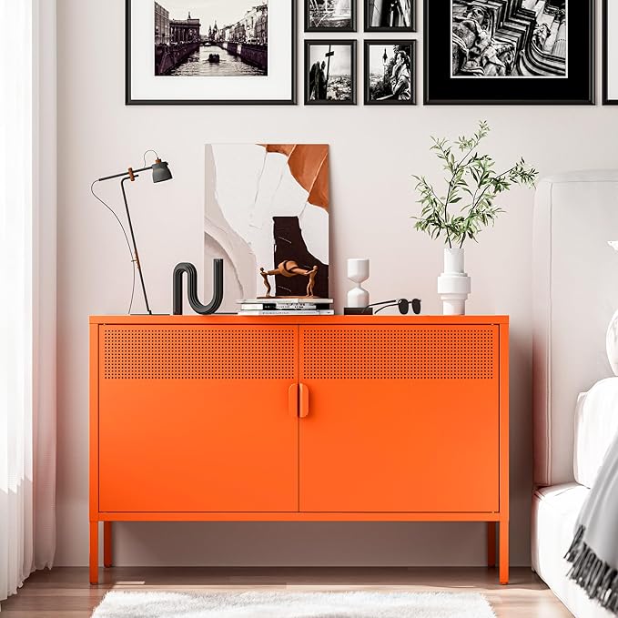 2 Door Accent Cabinet,Orange Metal Storage Cabinet with Adjustable Shelf,2-Tier Shelf,Multipurpose Metal Locker Storage for Office Home,Music Studio (Orange)