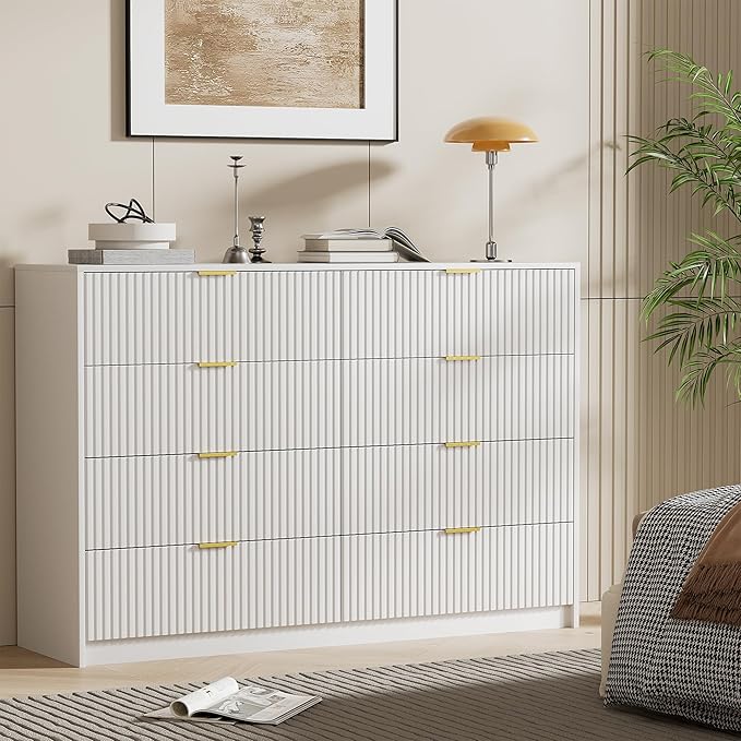 White 8 Drawer Dresser for Bedroom, Modern Dresser with Smooth Slides, Wide Chest of Drawers with Golden Handles for Bedroom, Living Room, Closet, 15.7" D x 55" W x 37.4" H