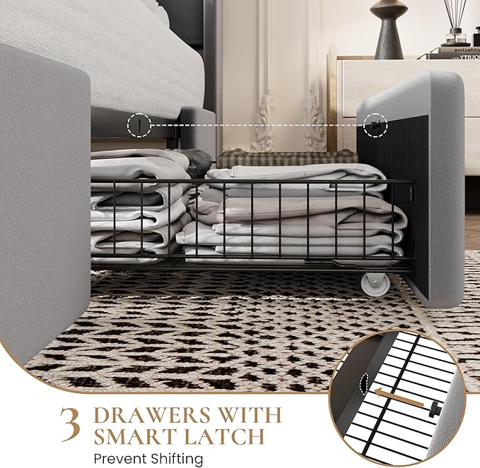 SHA CERLIN Queen Bed Frame with 3 Drawers, USB & Type-C Charging Ports, Velvet Upholstered Platform Bed with Modern Geometric Wingback Storage Headboard, No Box Spring Needed, Easy Assembly, Grey