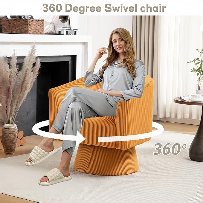 Swivel Accent Chair, Modern 360° Swivel Barrel Chair, Corduroy Upholstered Single Sofa for Living Room, Bedroom(Mustard)