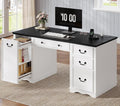 60'' Farmhouse Executive Desk with Drawers, Home Office Desk with Power Outlet & Keyboard Tray, Wood Computer Desk with File Drawer & Slide-Out Storage Shelves, Writing Desk for Work, White