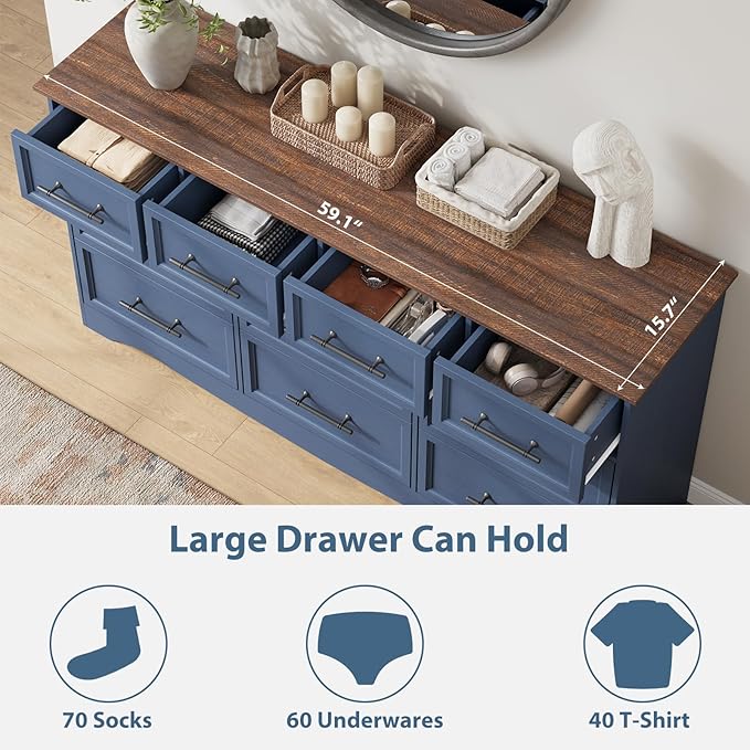 Blue Farmhouse Dresser for Bedroom, 10 Chest of Drawers, 59" Wide Chest of Drawers with Brushed Metal Handle, Wood Closet Organizers and Storage Cabinet for Bedroom, Living Room, Hallway