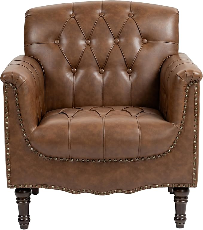 UIXE Brown Accent Chair for Living Room, Faux Leather Tufted Arm Chair Retro Upholstered Club Armchair for Bedroom