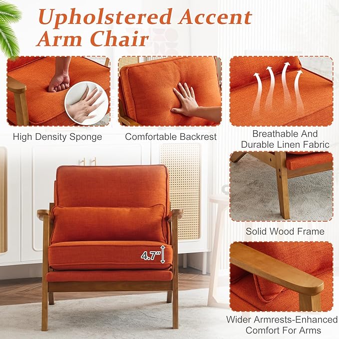 VINGLI Solid Wood Wide Armrests Accent Chair,Upholstered Mid Century Modern Chair with Pillow,Comfy Reading Chair Farmhouse Arm Chair,Chairs Living Room,Bedroom,Guest Room,Linen Fabric,Burnt Orange