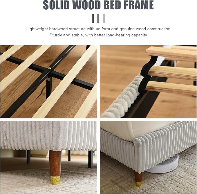 PINJU King Size Bed Frame, Upholstered Platform Bed with Modern Vertical Striped Wingback Headboard with Wooden Slats, Easy to Assemble No Noise Free (Grey, King (U.S. Standard))
