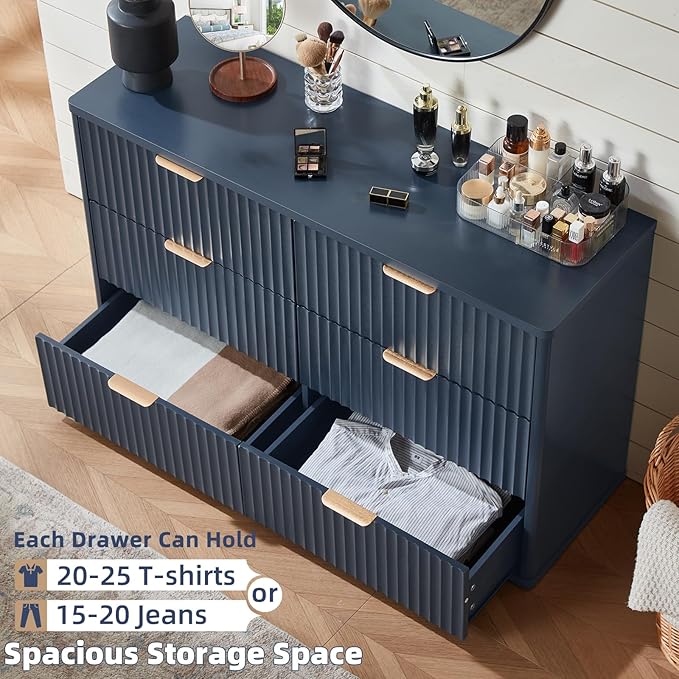 LEYAOYAO Fluted 6 Drawers Dresser for Bedroom, 48" Wide Modern Chest of Drawers with Metal Handle, Navy Blue Curved Profile Farmhouse Closet Organizer Wood Dressers TV Stand for Living Room, Hallway